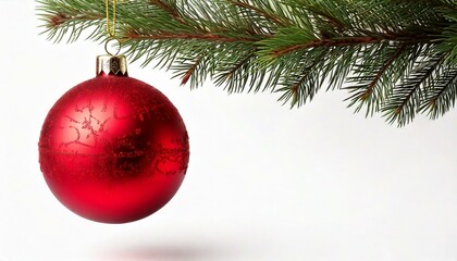 Obraz premium Single Red Christmas glass ball hanging from a pine branch, isolated on