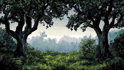 Fototapeta premium Serene Forest Landscape with Lush Greenery and Overhanging Trees Creating a Calm Atmosphere in Nature's Tranquil Oasis for Artistic Inspiration