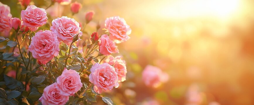 Pink roses blooming in sunlight.