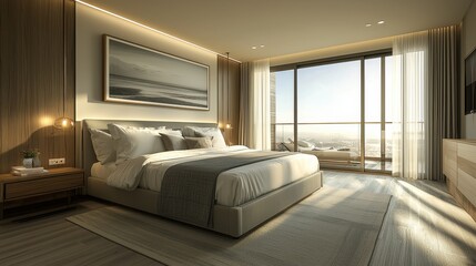 Fototapeta premium Modern bedroom design luxury apartment interior photography bright environment wide angle view contemporary concept