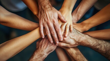 Fototapeta premium Collaboration and unity in action community space group hands together indoor setting overhead view teamwork concept