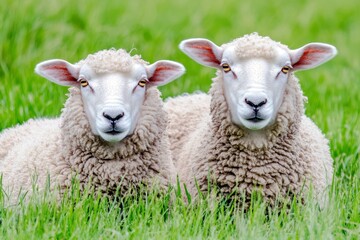 Obraz premium Two Cute Sheep Relaxing Together in Green Grass Field on a Sunny Day, Showcasing Soft Wool and Curious Expressions, Perfect for Nature Photography