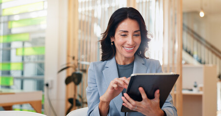 Happy, business woman and browsing with tablet for hotel reservation, booking or schedule at...