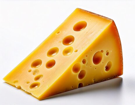 close-up of a piece of cheese with holes. Emmental cheese triangle, isolated on white background.