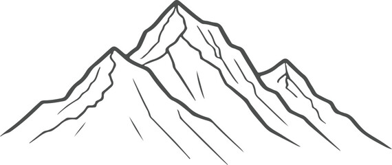Line drawing of mountain range landscape. Top view of mounts in simple linear style. Adventure winter sports concept isolated on white background. Doodle vector illustration