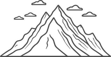 Line drawing of mountain range landscape. Top view of mounts in simple linear style. Adventure winter sports concept isolated on white background. Doodle vector illustration