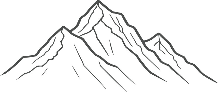 Line drawing of mountain range landscape. Top view of mounts in simple linear style. Adventure winter sports concept isolated on white background. Doodle vector illustration