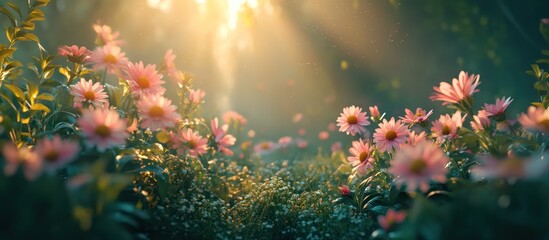 Sunlit Pink Flowers, Forest, Dawn, Calm