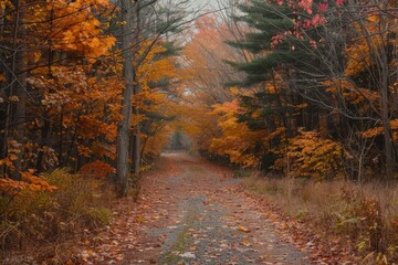 Obraz premium Autumn foliage in a secluded forest pathExplore a Tranquil Forest Path Surrounded by Vibrant Autumn Foliage and Fallen Leaves