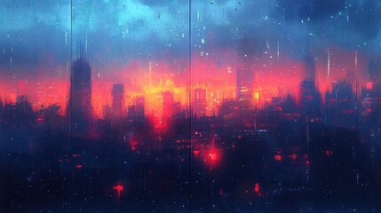 Fototapeta premium Rainy futuristic city dystopia viewed through glass