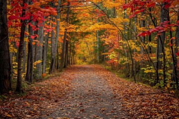 Obraz premium Autumn foliage in a secluded forest pathExplore a Tranquil Forest Path Surrounded by Vibrant Autumn Foliage and Fallen Leaves