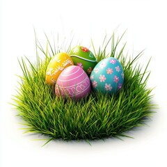 Childrenâ???s Easter egg hunt in a green meadow, placed on a bright white background