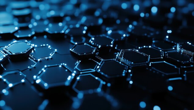 Blue hexagonal circuit board technology background - Powered by Adobe