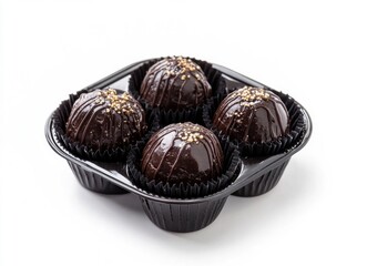 Indonesian sweet kengkeng, in a plastic container with black paper cupcake shells on a white background, high-resolution photography, high-quality details