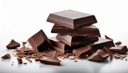Delicious dark chocolate bars stacked with crumbs and broken pieces on a clean surface