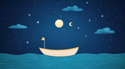 Serene Night Scene Small Boat Sailing Calm Ocean under Starlit Sky with Moon