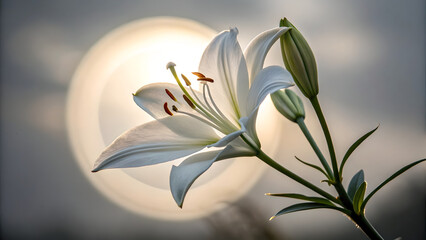 Obraz premium White Lily in Bloom with Vibrant Orange Stamens & Serene Sunlit Glow, Close-up of Elegant White Lily with Textured Petals & Green Buds, Delicate White Lily Flower with Orange Stamens Background