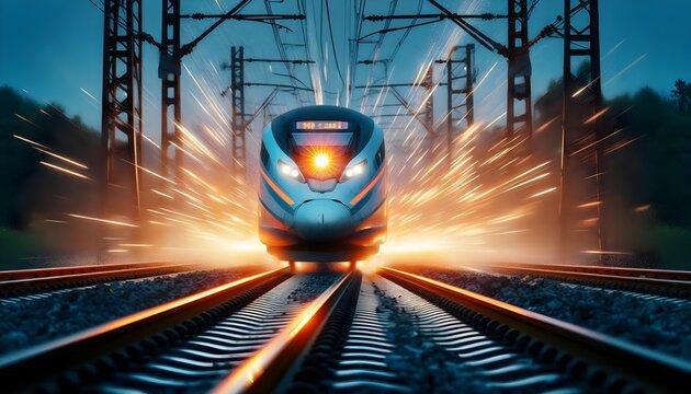 An emergency brake system aborting a high-speed train, with sparks flying from the tracks as it comes to a screeching halt
