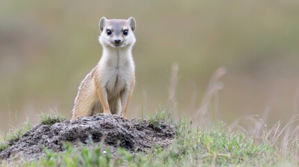 Fototapeta premium White Spotted Mongoose Sitting on Dirt Mound