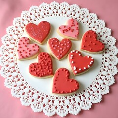 Obraz premium valentine sugar cookies on lace heart doily