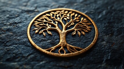 A metallic logo of a tree of life with hard edges and intricate details, ideal for eco-conscious branding