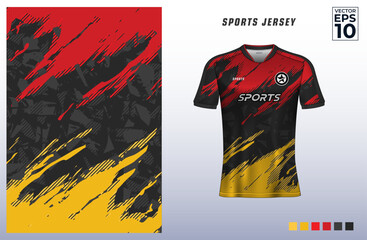 T-shirt sport jersey design template with abstract grunge line halftone pattern background. Sport uniform in front view. Tshirt mock up for sport club. Vector Illustration