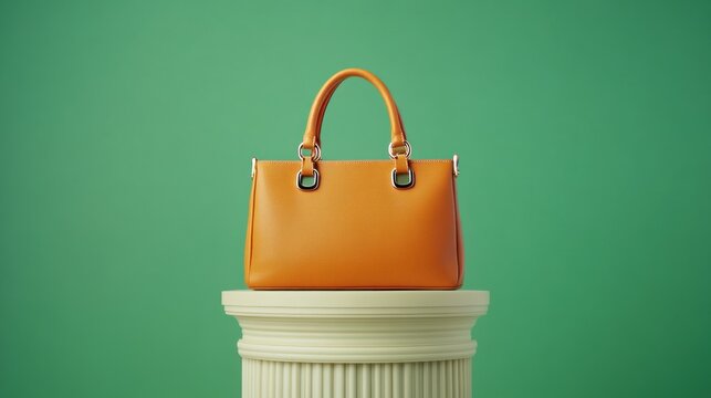 Elegant Orange Handbag on a Classic White Pedestal Against a Green Background