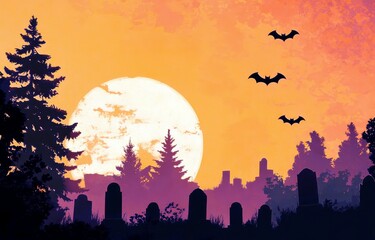 Obraz premium Spooky Graveyard Scene with Silhouetted Bats and a Full Moon in the Background During a Vibrant Sunset in Autumn Colors