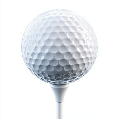 Golf ball on a tee ready for a swing, centered on a clean white background