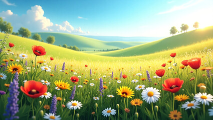 colorful wildflower meadow, rolling green hills, sunny countryside landscape, vibrant poppies and daisies, blue sky and clouds, peaceful pastoral scene, spring atmosphere digital art, whimsical countr