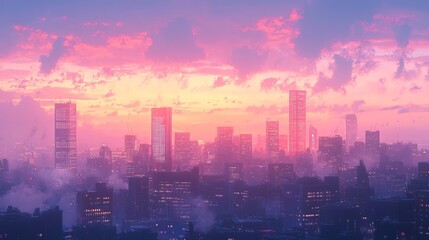 Obraz premium Captivating city skyline at sunset, featuring vibrant pink and purple clouds over modern skyscrapers.