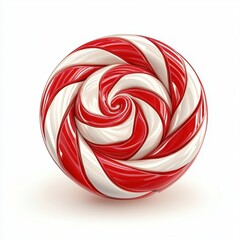 Classic red and white swirl lollipop with a glossy finish, isolated on a clean white background