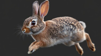 Fototapeta premium Close-up of a Brown and White Hare Leaping with Dark Background Focused on Details