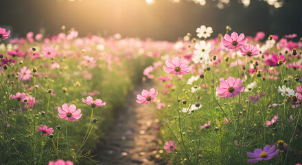 Obraz premium Serene Sunset Cosmos Flower Field A Path Through Pink and White Blossoms