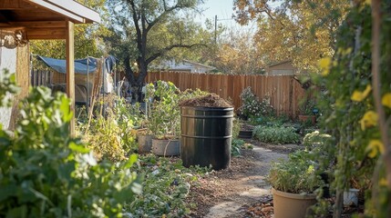 Naklejka premium Urban Backyard Garden Oasis: Cultivating Abundance in a Small Space