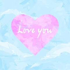 Illustration of a soft pink love heart painted on a baby blue background with the word "love", soft pink and 