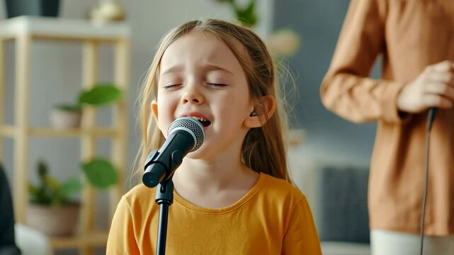 A young girl singing into a microphone