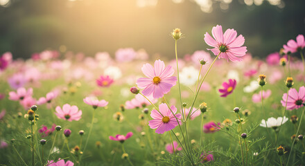 Fototapeta premium Serene Sunset A Field of Delicate Pink Cosmos Flowers in Soft Golden Light