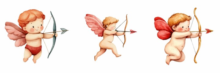 Obraz premium Three cute, winged cherubs with bows, each in different poses, embodying themes of love and playfulness, perfect for Valentine's Day or romantic art.