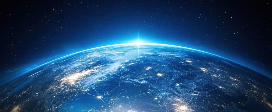 Global network sunrise, Earth from space, connection concept