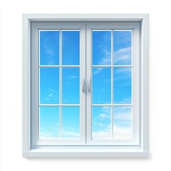clean, white-framed window with blue sky reflections, isolated on a clean white background