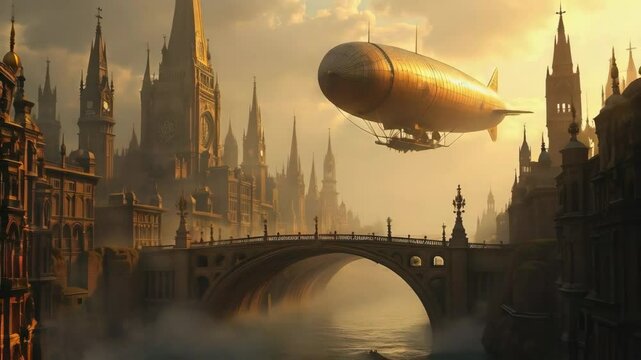 A grand Victorian city with towering brass and iron spires, where massive steam-powered airships