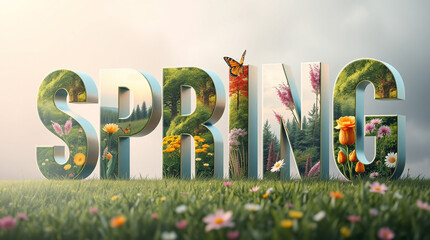 3D "SPRING" Text with Wildflowers and Bright Sunlight