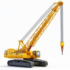 Heavy-duty crawler crane with tracks and a long boom, placed on a bright white background