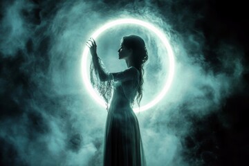 Ethereal silhouette of a woman in a flowing dress, standing against a mystical glowing circle in a dramatic smoky atmosphere