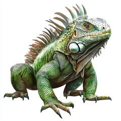 Obraz premium Large green iguana with spiky scales along its back, placed on a bright white background