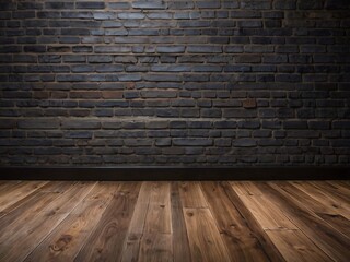Fototapeta premium Dark Brick Wall Texture with Rustic Wooden Floor for Modern Interior Design