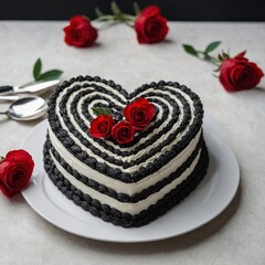 A black and white striped heart cake with a touch of red, elegantly placed in front of chic, modern gifts.
