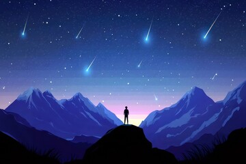 Serene Night Sky with Shooting Stars over Majestic Mountains and Silhouetted Figure gazing at Celestial Wonders in a Dreamlike Landscape