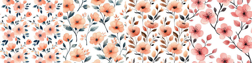 Exquisite watercolor floral seamless pattern featuring a vibrant arrangement of pink and orange flowers delicate petals and lush green foliage  This elegant botanical design creates a peaceful